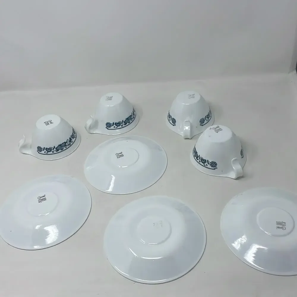 4 sets Corelle Corning Old Town Blue Hook Stacking Coffee Tea Cups With Saucers